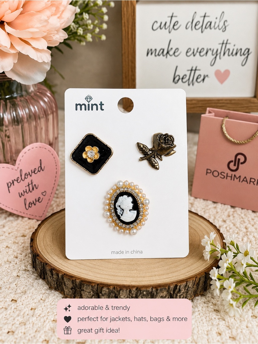 Mint Jewelry Pin Set in Black, Gold and White. Set of 3